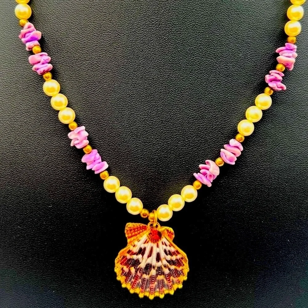 Handcrafted Faux Pearl & Shell Necklace With Lavender Accents. A23 - Picture 1 of 9